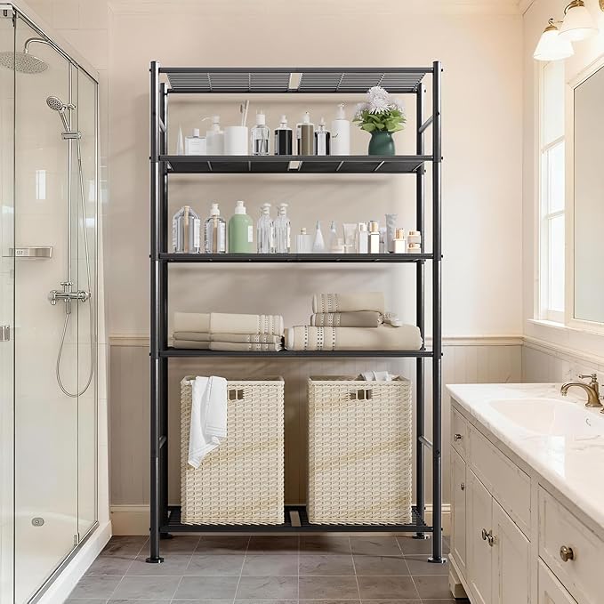5 Tier Shelf Organizer Rack, Metal Shelving Unit with Adjustable Leveling Feet, Space-Saving Storage Shelves for Garage Closet Laundry Bathroom Kitchen Pantry, 33.07”Wx12.6”Dx72.04”H,Black