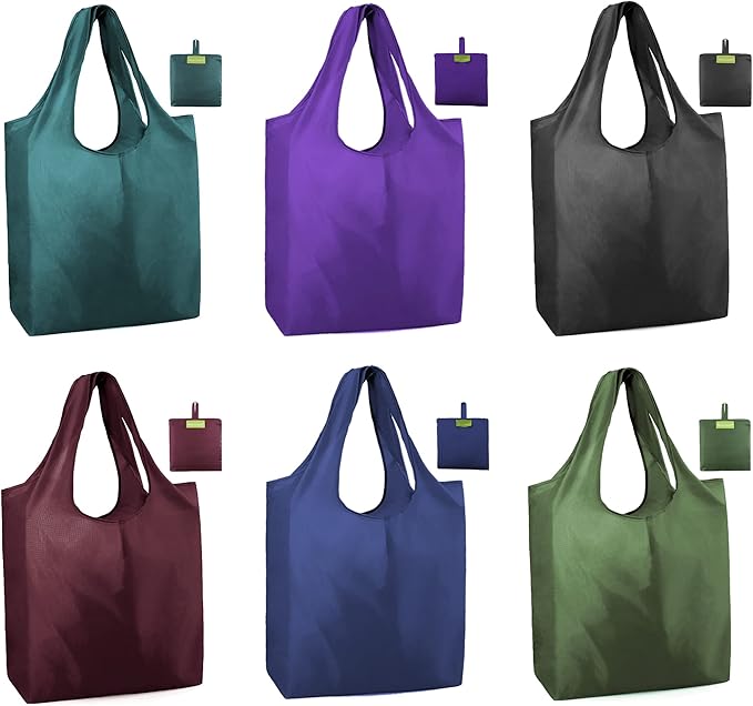 BeeGreen Reusable Grocery Bags Heavy Duty Extra Large 6 Pack Foldable Tote Bag - Cloth Grocery Bags Machine Washable Polyester Fabrics Bulk Shopping Bag - Reusable Gifts for Women (Green Black)
