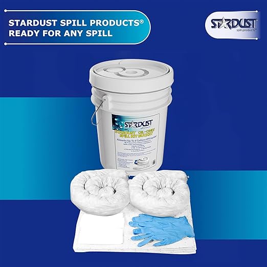 Stardust Spill Products D905P Oil Spill Kit OSHA Approved with Portable Bucket, (15) Oil Absorbent Pads, (2) 3"x4' Absorbent Socks, (4) Disposal Bags & Nitrile Gloves Oil Spill Kit for Fast Response