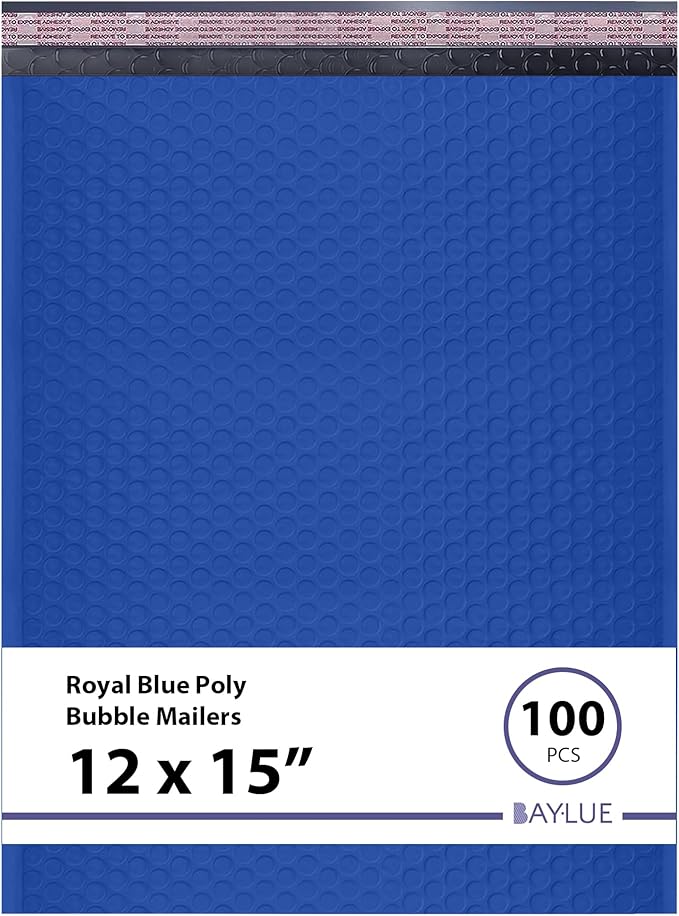 Royal Blue Large Poly Bubble Mailers 12x15 inch | Self Seal Padded Envelopes Cushioned Bubble Mailer | Usable Size 12x15 | WaterProof | Lightweight mailing Shipping Bags | 100 Pack Bulk
