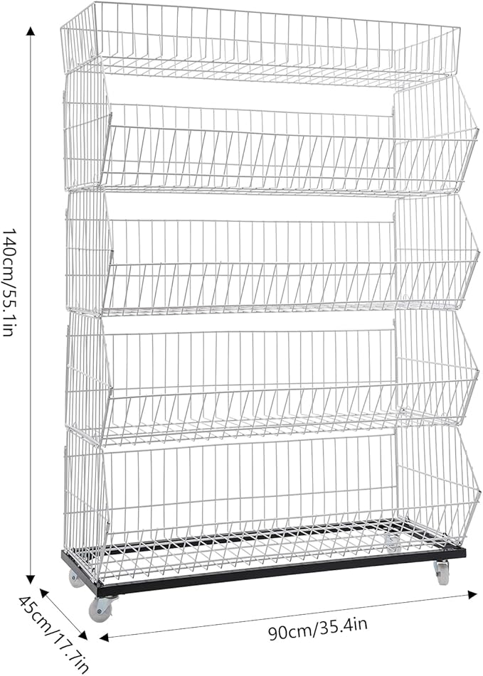 5 Tier Retail Display Rack, Rolling Storage Rack 5 Layers 35.43*16.93*53.54in Metal Display Shelf Fruit Vegetable Snack Basket Storage Supplies for Home Store Market (White, 90*43*136cm)