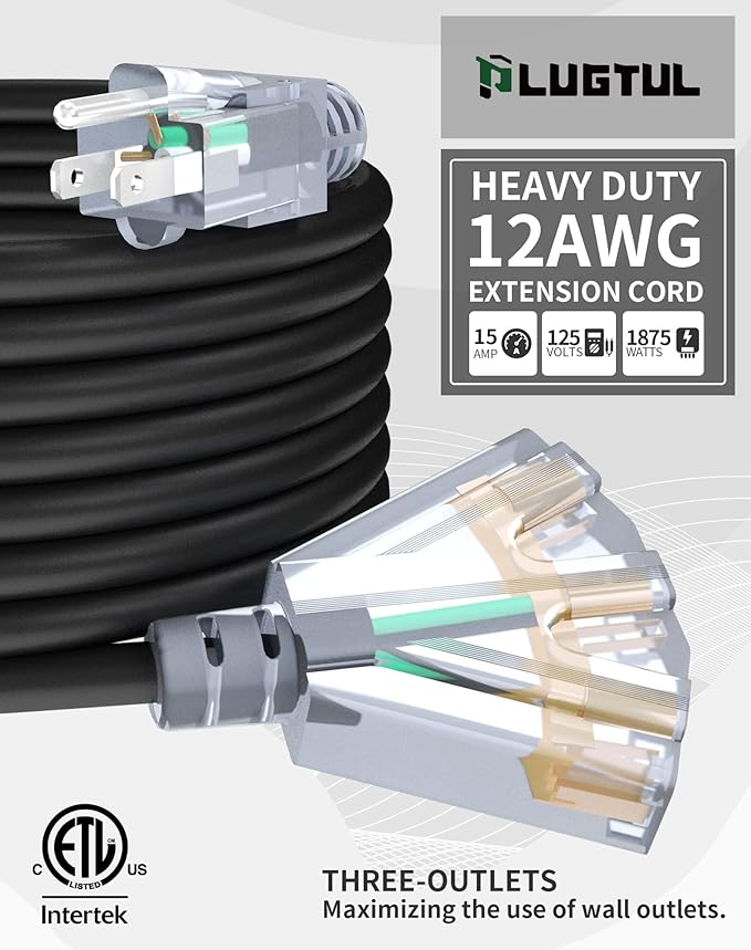 2FT 12 Gauge Outdoor Extension Cord with 3-Outlets, 3Pack, Heavy Duty 3 Prong Extension Cord Waterproof with Lighted end, 15A 12AWG 1875W SJTW, ETL Listed, Black