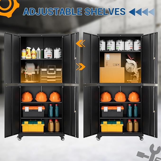 Metal Storage Cabinet-Heavy Duty Rolling Tool Cabinet Garage Storage Cabinets with Adjustable Shelves&Lockable Doors - Black