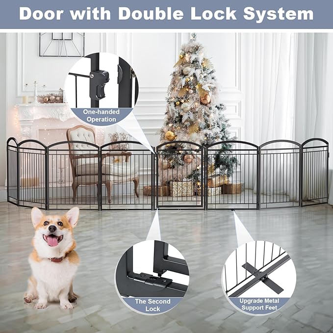 Full Metal Free Standing Dog Gate with Door for Indoor Outdoor,192'' Extra Wide 32'' Tall Dog Gates for Doorways,Large Openings,Decks,Freestanding Portable Pet Fence(8 Panels,Black)