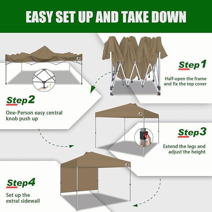 Eurmax USA NOMATTER ONE-Person Open&Close 10x10ft Pop Up Canopy Tent,Portable Shelter Canopy for Outdoor Events with 1 Removable Sidewall,Instant Canopies,Temporary Sunshade,Bonus 4 Sand Bags(Khaki)