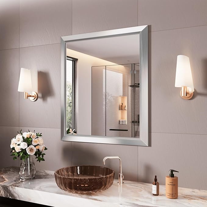 Amorho Bathroom Mirror, 28x32 Inch Silver Thick Metal Framed Wall Mirrors for Over Sink, Brushed Nickel Mirror Perfect for Bedroom, Living Room, Entryway, Rectangle (Horizontal/Vertical).