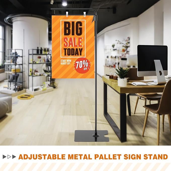 Blulu 1 Pcs Adjustable Hanging Poster Stand Sign Holder 43-87 Inch Pallet Floor Standing Poster Display Black Heavy Duty Double Sided Clip on Mobile Banner Stand with Base for Outdoor Hanging Display