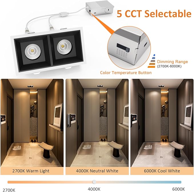 LED Square Recessed Lighting, 24W Adjustable Downlight, Aluminum Recessed Ceiling Light with junction Box, 5 CCT 2700K-6000K, TRIAC Dimming Rotation Spotlight for Living Room Bedroom Hallway Kitchen