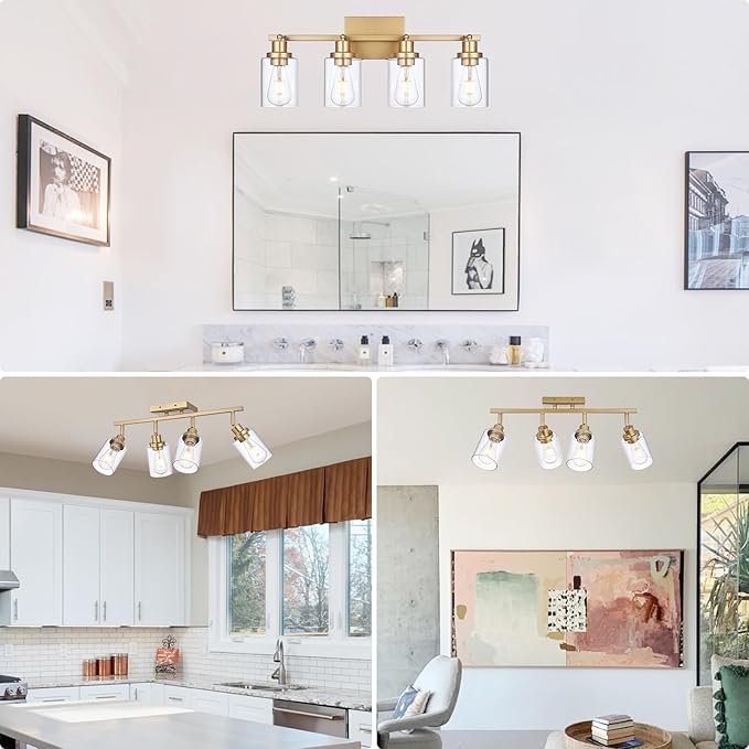 4-Light Gold Track Lighting Kits, Multi-Directional Rotating Kitchen Ceiling Tracking Light Fixture with Clear Glass, Modern Bathroom Ceiling Vanity Track Lights for Kitchen Island Accent Shop