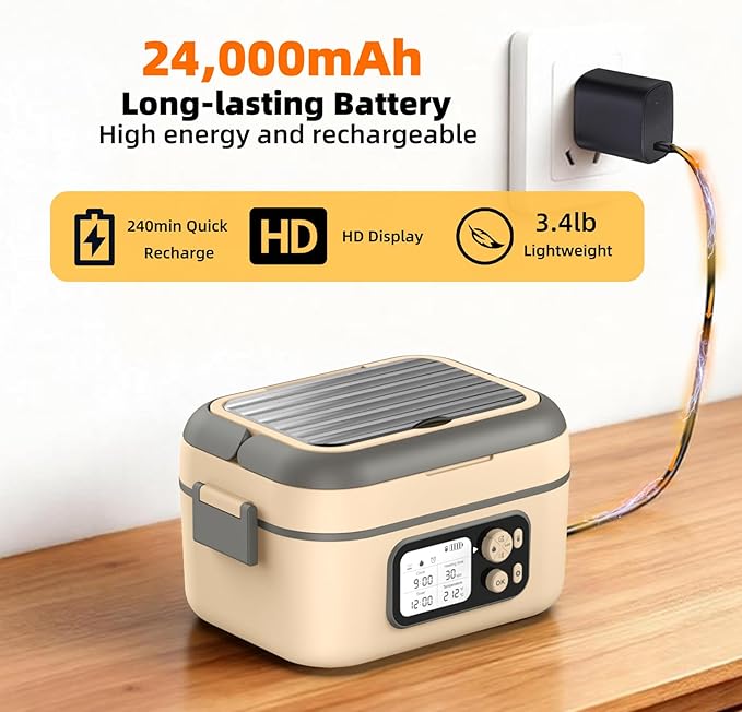 Cordless Heated Lunch Box for Men, 6.3 Cup 100W Electric Lunch Box Food Warmer with 24000mAh Battery for Self Heating, Including Cutlery, Insulated Bag and Divider for Women Adults (Grey+Beige)