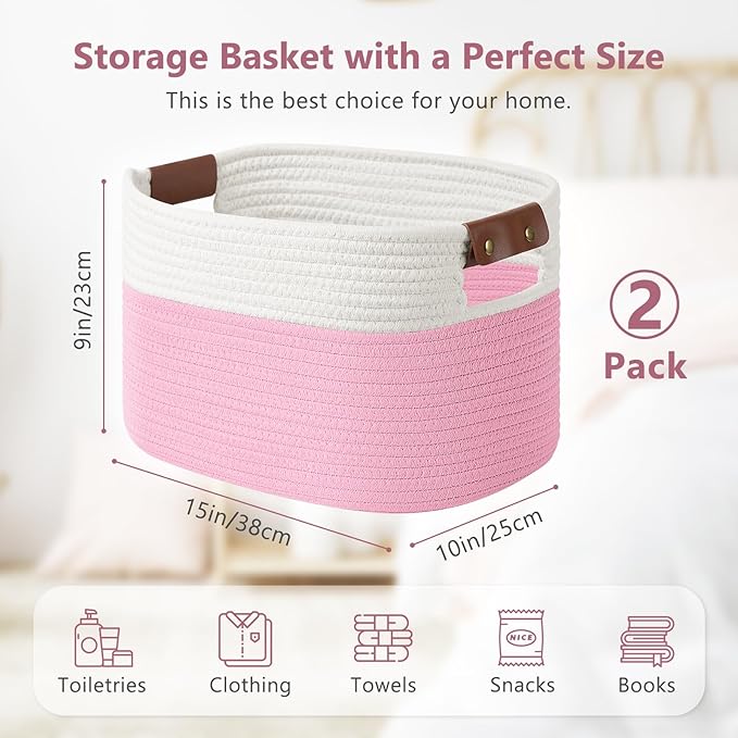 Cotton Rope Basket, Storage Baskets with Handle, 15x10x9 Inch Woven Basket for Shelves, Laundry, Towels, Clothes, Books (White/Pink 2Pack)
