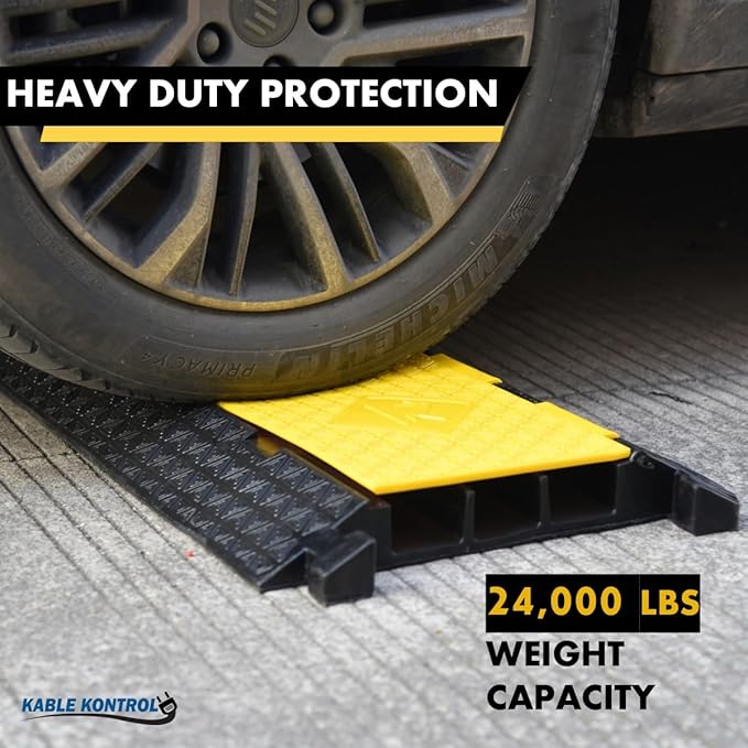 Kable Kontrol Atlas Cable Protector Wire Ramp - 3 Channel - 1 Pc - 35” Long Black & Yellow - 24000 Lbs Load Capacity - Rubber Speed Bump Wire Protector Cord Cover - CP9973