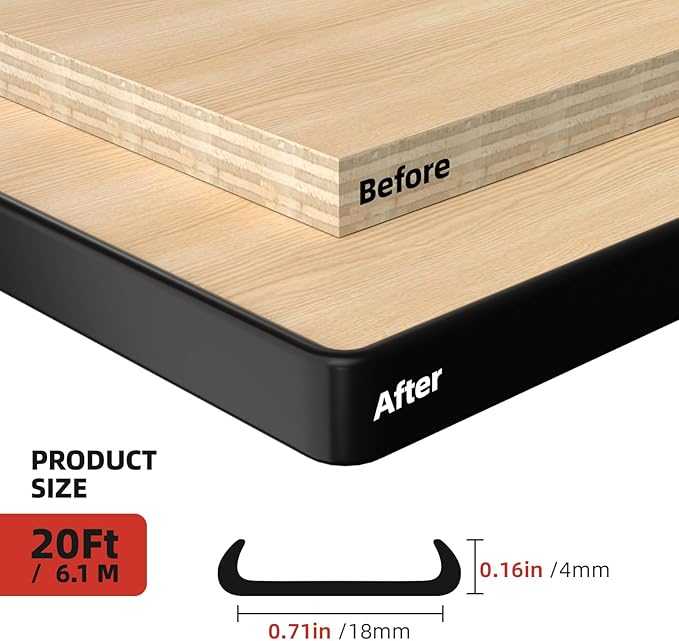 U-Shape Edge Banding, 0.7 inch x 20ft Edge TPE Self Adhesive Veneer Edging Trim Flexible Edge Protector, Strip for Countertop Cabinets Table Restoration Shelves, Black