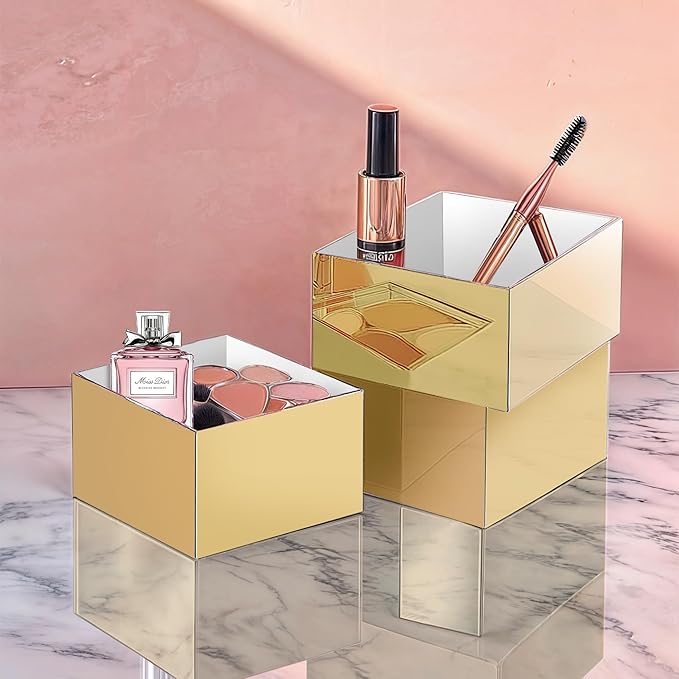 Gold Acrylic Mirrored Risers Display Stands, 4Pcs Food Risers for Buffet Table Gold, Acrylic Cube Display Stands Box Risers for Catering Dessert Perfume Collection Jewelry Party Centerpieces(Size 5",6",7",8")