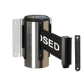 Montour Line WM115 Wall Mounted Retractable Belt Barrier with Standard Belt End, Fixed Mount, Polished Stainless Steel Casing (8.5 ft Black with"This LINE Closed" White Letters Belt)
