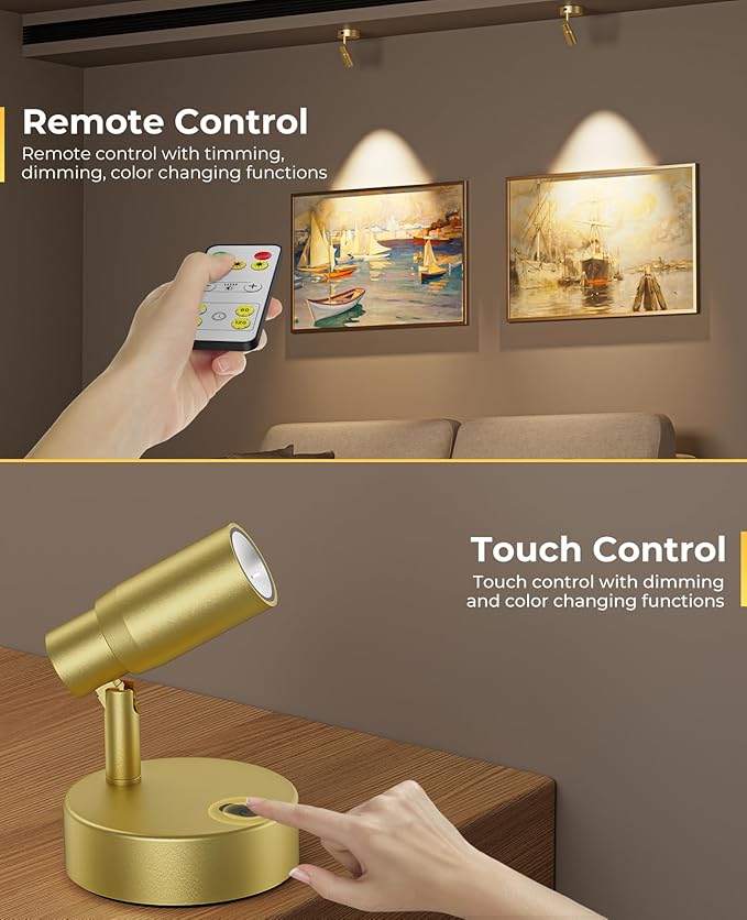 PESUTEN Spot Lights Indoor, Rechargeable Picture Light with Remote, Dimmable CCT Spotlight for Wall Art, 6000mAh Battery Uplights Indoor with Timer for Plant Artwork Painting Sofa Corner Light Gold