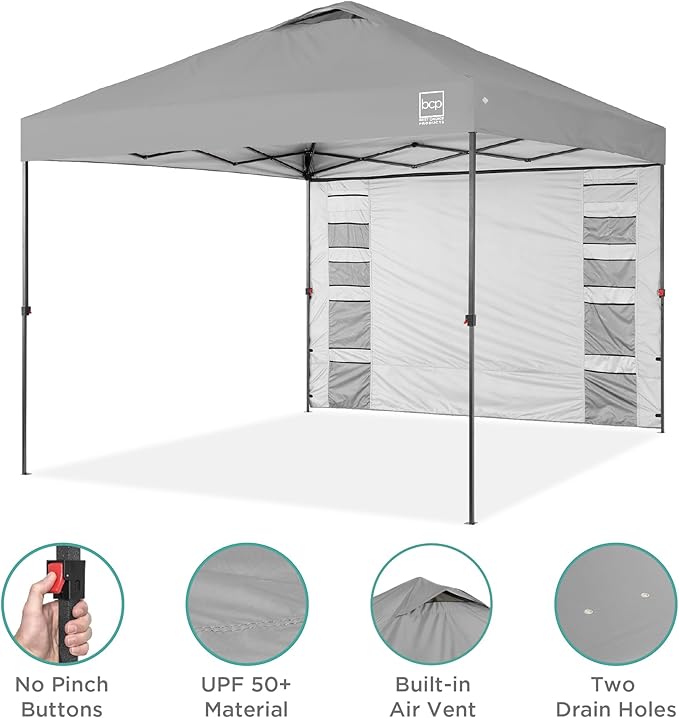 Best Choice Products 10x10ft Easy Pop Up Canopy w/Side Wall, 10 Pockets, Portable Carrying Case, 1-Button Setup, 4 Weight Bags - Silver