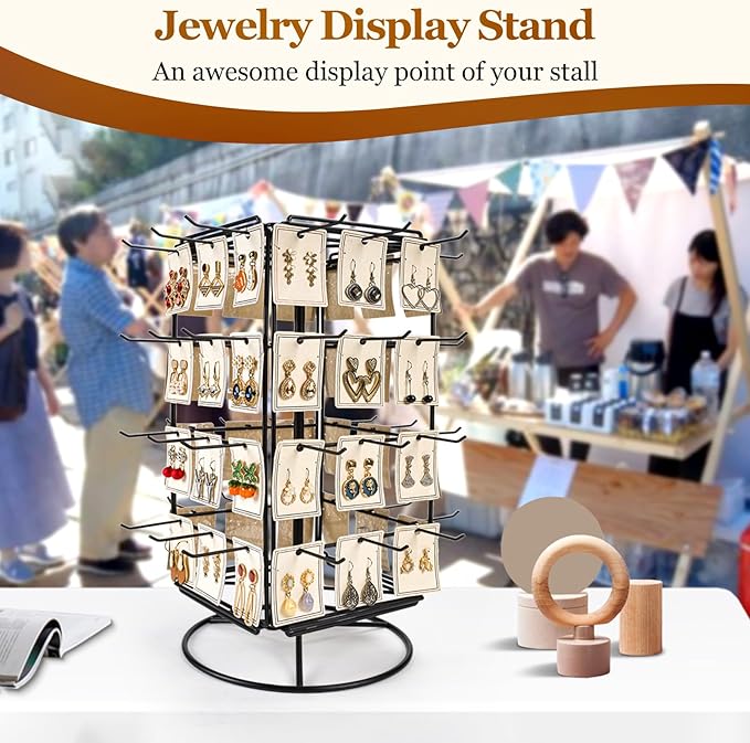 360 Rotating Earring Display Stands for Selling, 4 Tier Metal Earring Rack Holder Stand, Jewelry Display for Selling Earring Cards, Bracelets, Necklaces, KeyChains, Hair Accessories (48 Hooks)