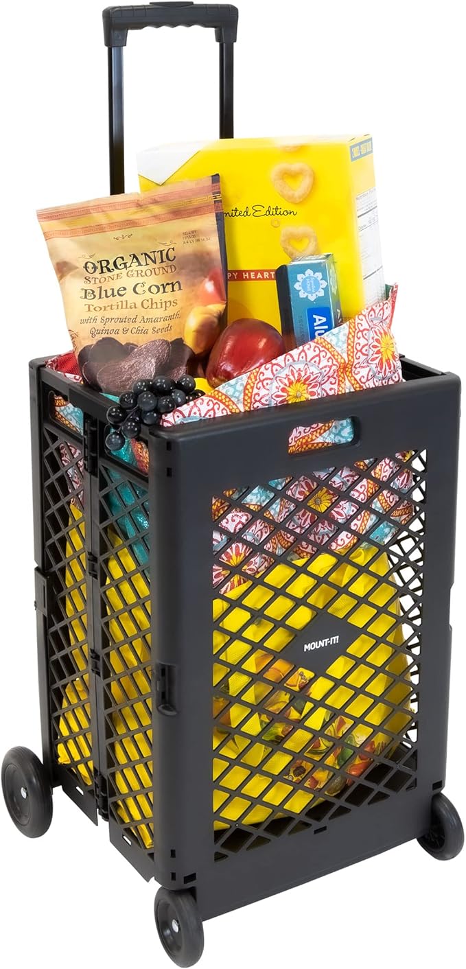 Mount-It! Mesh Rolling Utility Cart, Folding and Collapsible Hand Crate on Wheels, 55 Lbs Capacity