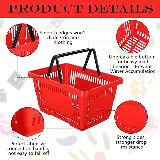 20 Pcs Bulk Shopping Baskets with Handles, 20 L Plastic Grocery Basket 16.9'' x 11.8'' x 9.1'' Portable Shopping Cart for Retail Stores Supermarket(Red)