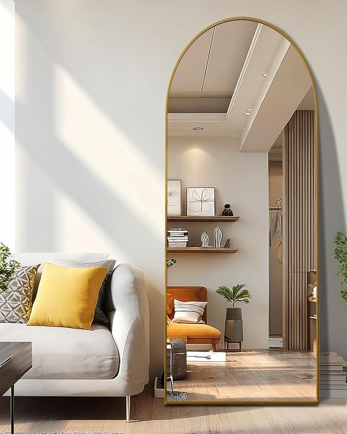 EOGOW 65" x 22" Arched Full Body Mirror,Standing or Leaning Tempered Glass Shatterproof Full Length Mirror with Stand for Bedroom Living Room Entryway,Gold