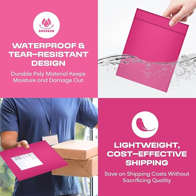 Hot Pink Large Poly Bubble Mailers 12x15 inch | Self Seal Padded Envelopes Cushioned Bubble Mailer | Usable Size 12x15 | WaterProof | Lightweight mailing Shipping Bags | 50 Pack Bulk