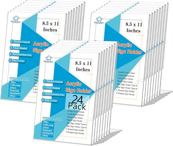 PecMuikee Slant Back Acrylic Sign Holder 8.5 x 11, Clear Picture Photo Frames Display Stand- Freestanding Tabletop Display Stand for Retail, Office, Restaurant , Flyers and Posters (24 Pcs)