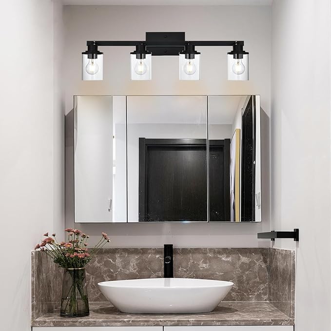 Yaohong 4-Light Black Farmhouse Track Lighting Fixtures Ceiling, Bathroom Track Lighting Kit Wall Light with Ajustable Heads, Kitchen Track Lighting Fixtures with Glass Shade for Hallway Shop
