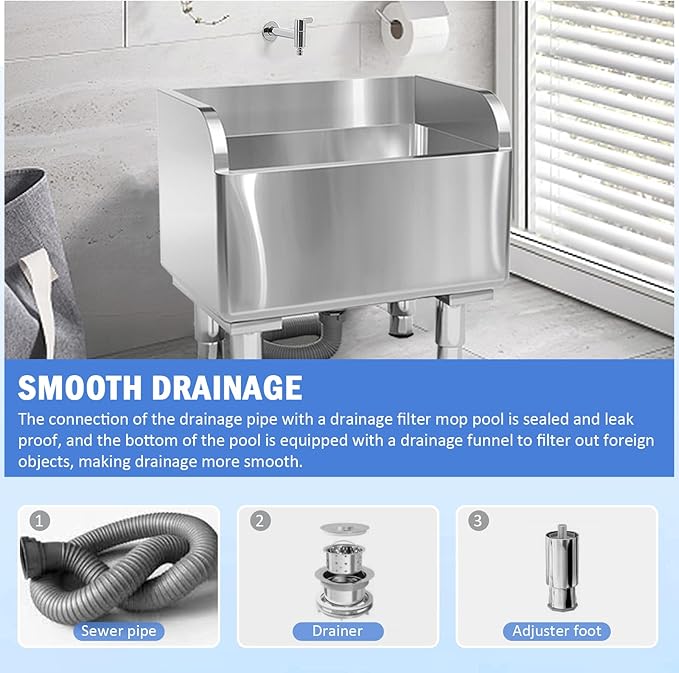 Commercial Floor Mop Sink，Stainless Steel Mop Service Basin，Mop Cleaning Sink，Vertical industrial sewage tank for balconies, laundry rooms, industries, etc（23.6”×16.1”×21.6”)