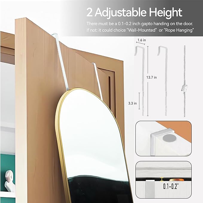 57x20 Door Hanging Full Length Mirror, Floor (Height 5.7ft just Body in1.3ft) Wall Mounted Metal Frame Arch Dressing Mirrors for Bedroom Bathroom Living Room 57 inch Gold