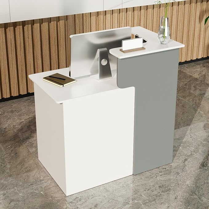 L Shaped Reception Desk with Lockable Drawer and Storage, Front Desk Reception Room Table, Checkout Retail Counter for Office Lobby Cafe Salon (White+Grey, 39.4"(L) x23.6(W) x39.4(H))