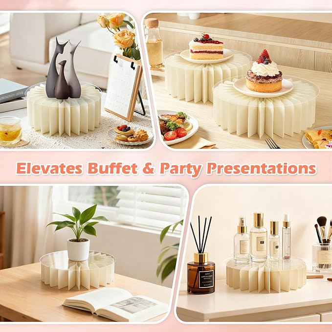 6Pcs Buffet Risers, Foldable Food Risers for Buffet Table, 12" Reusable Cardboard Display Risers Cylinder Stands with Acrylic Plates for Party, Wedding, Catering & Birthday Decor