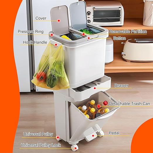 42L Kitchen Trash Can with Lid, Three-Layer Dual Trash and Recycling Bins with Wheels, Vertical Dry and Wet Separation Waste Sorting Bins with 3 Removable Inner Buckets