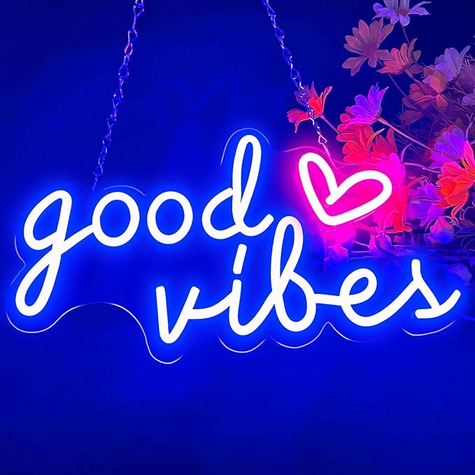 Blue Good Vibes Neon Signs for Wall Decor, Room Decor Aesthetic Good Vibes Neon Light Blue, USB Powered Game LED Sign for Bedroom, Gamer Light up Sign for Christmas Teen Boys Girls Men Cave