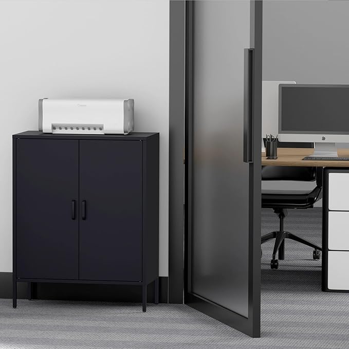 Metal Storage Cabinet with Doors and Shelves,Multipurpose Storage Rack, 3-Tier Shelf,Metal Locker Style Accent Cabinet for Home Office,Living Room,Kitchen (Black, 40''H)