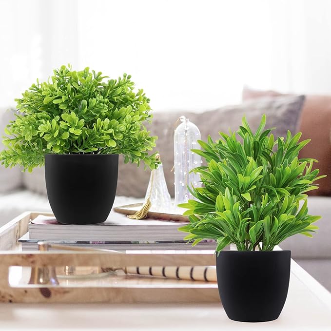 LELEE Artificial Potted Plants Mini Fake Plants, 4 Pack Medium Eucalyptus Potted Faux Decorative Grass Plant with Black Plastic Pot for Home Decor, Indoor, Office, Desk, Table Decoration