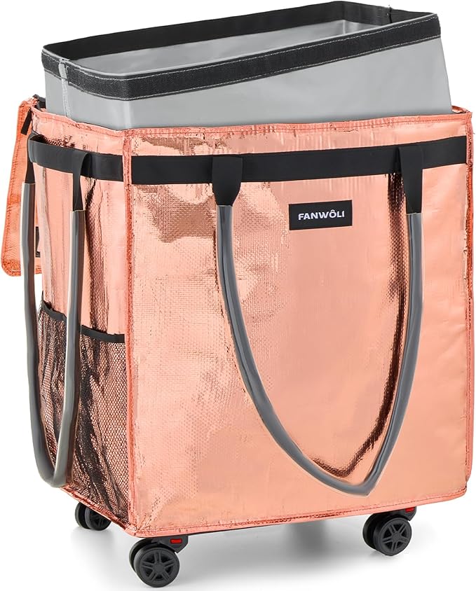 (Medium) Fanwoli Reusable Grocery Bag On Wheels with Removable Liner | Wrinkle-Resistant Fabric | Enhanced Stability Wheels & Extended Handle | Foldable Shopping Trolley for Laundry, Carries Up to 66L