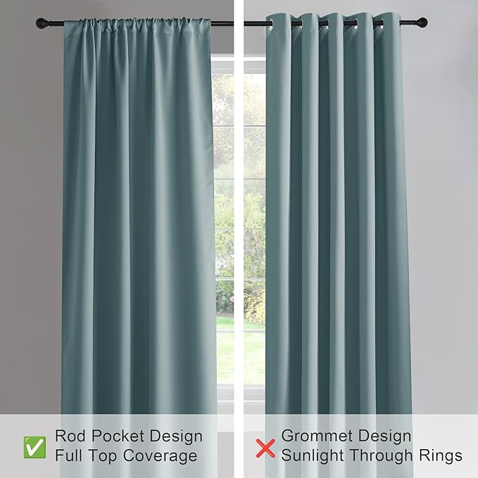 PONY DANCE Greyish Blue Curtains Light Block - Thermal Insulated Rod Pocket Draperies Energy Saving/Short Window Covering for Bedroom Bay Windows, 42 Wide by 45 inch Drop, Fluorescent Blue, 2 Panels