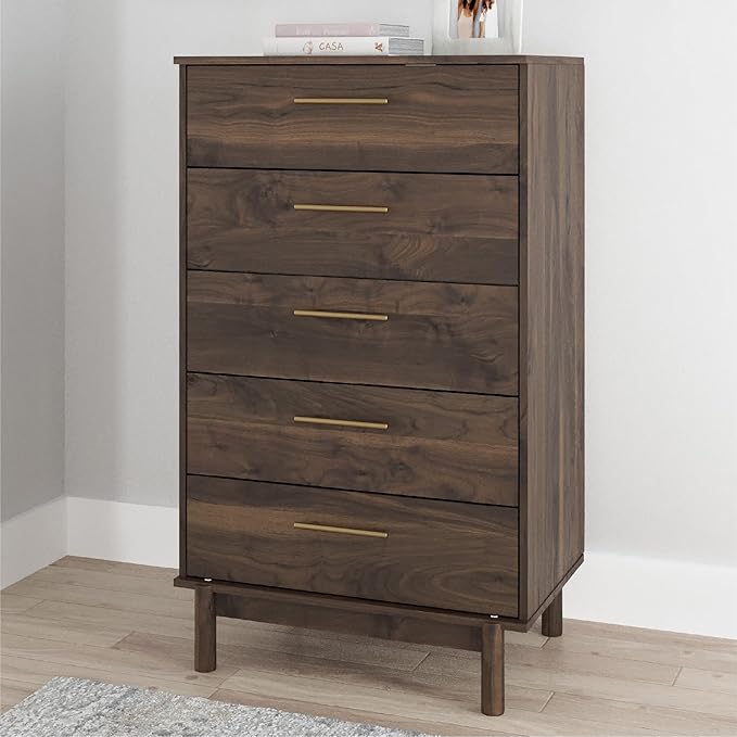 Signature Design by Ashley Calverson Contemporary 5 Drawer Chest of Smooth-Gliding Drawers and Safety Stop, Dark Brown