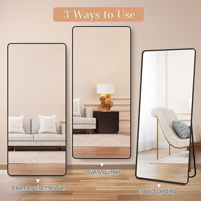 Full Length Mirror with Stand, 71"x31" Floor Mirror, Aluminum Alloy Black Thin Frame, Freestanding/Leaning/Wall Mount for Bedroom, Living Room & Entryway (Black)
