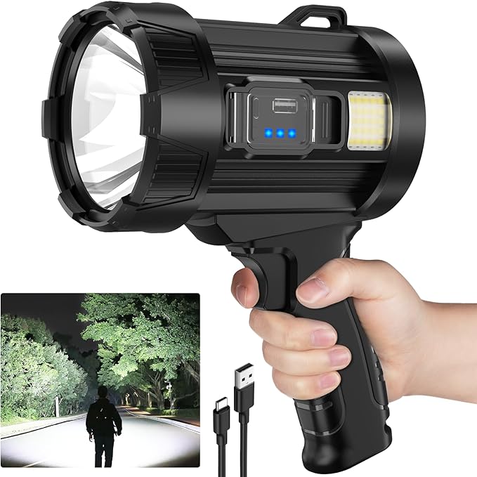 Spotlight Rechargeable, 99,000 Lumens Super Bright Handheld Flashlight, Outdoor Led Spot Light with Cob Light and Solar Panels for Boating Camping Home