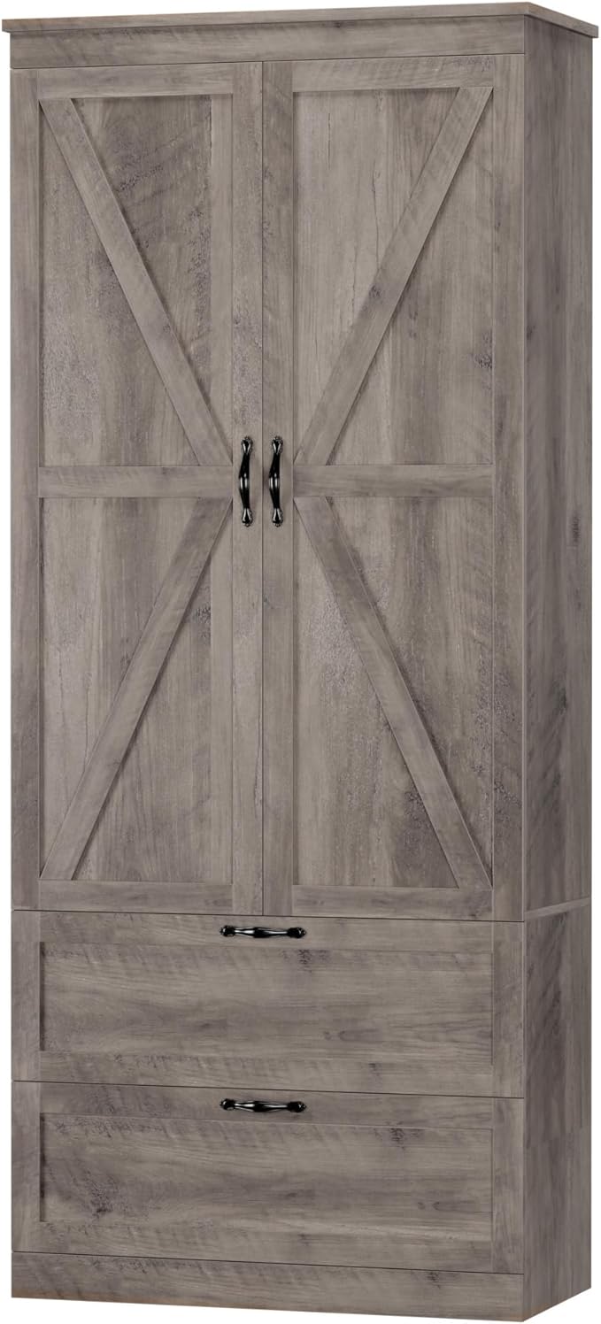 HOSTACK 70" Tall Kitchen Pantry Storage, Barn Doors Pantry Cabinet with Drawers and Adjustable Shelf, Modern Farmhouse Storage Cabinet for Kitchen, Dining Room, Living Room, Bathroom, Ash Grey