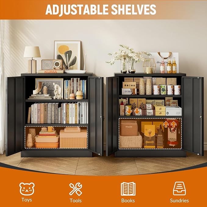 BESFUR Metal Storage Cabinet 36" H, Black Metal Cabinet with 2 Lockable Doors and 2 Adjustable Shelves, Garage Storage Cabinet for Home Office, Garage, School, Apartment, Warehouse