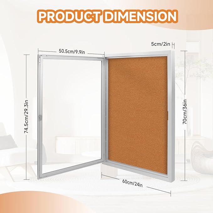 Enclosed Bulletin Board with Locking Door, Outdoor Bulletin Board Weatherproof, Lockable Display Case for Home, Office, and Community Use(23.6“L x 35.4" W Cork)