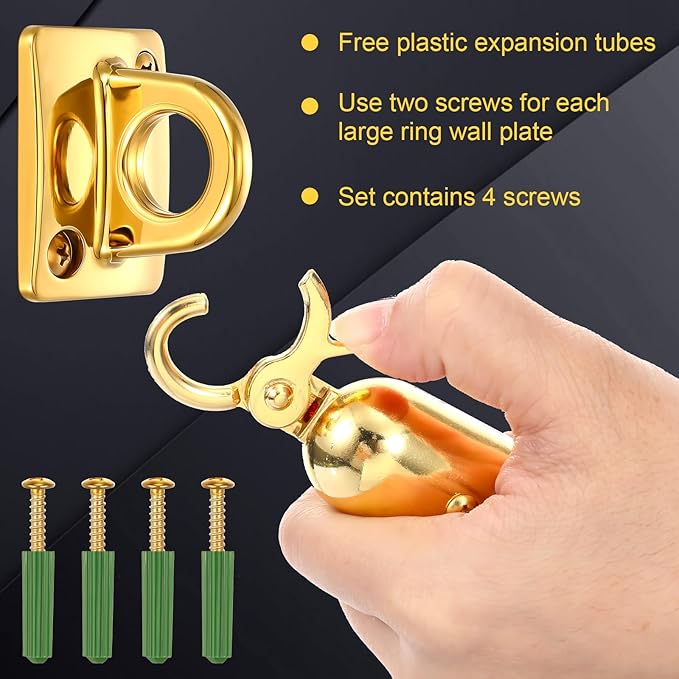 2 Pcs Gold Large Loop Wall Plate Metal Post Queue Line Barrier Hanging Circle Hook Rope Safety Barriers for Movie Theaters Grand Openings Auto Shows Hotels Velvet Stanchion VIP Rope Crowd Control