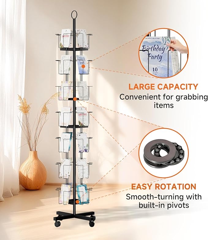 TONGMO 7-Tier Greeting Card Display Rack: 28-Pocket Rotating Countertop Stand for Postcards, Brochures, and Greeting Cards (White, 68.9”H)
