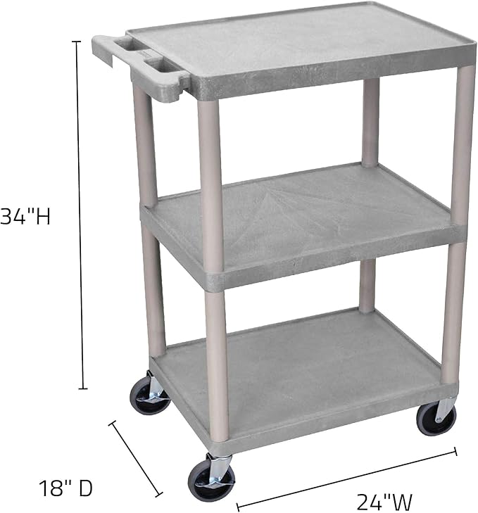 Luxor Multipurpose Storage Utility Cart 3 Shelves Structural Foam Plastic - Gray