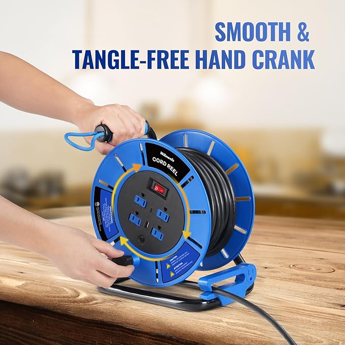 60 FT Retractable Extension Cord Reel, 14AWG Heavy Duty Power Cord with 4 Grounded Outlets, USB-A & USB-C Ports, 13A 1625W, Portable Hand Crank for Indoor Outdoor Use, ETL Listed U60ACR06