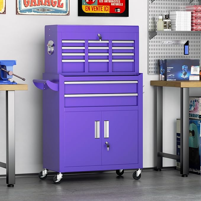 Superday Metal Tool Chest, 8 Drawer Rolling Tool Chest with Wheels, Detachable Tool Storage Cabinet with Lock for Garage, Steel Tool Cart with Liner & Hooks for Workshop, Warehouse (Purple)