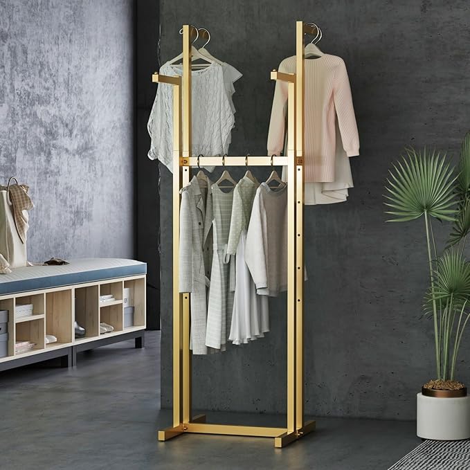 Gold Clothing Racks, Metal Clothes Rack with 4 Straight Arms, Freestanding Garment Rack for Hanging Clothes Heavy Duty, 46" to 63" Adjustable Height Retail Clothing Rack for Boutiques Display